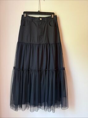 Women's Black Tiered Mesh Maxi Skirt